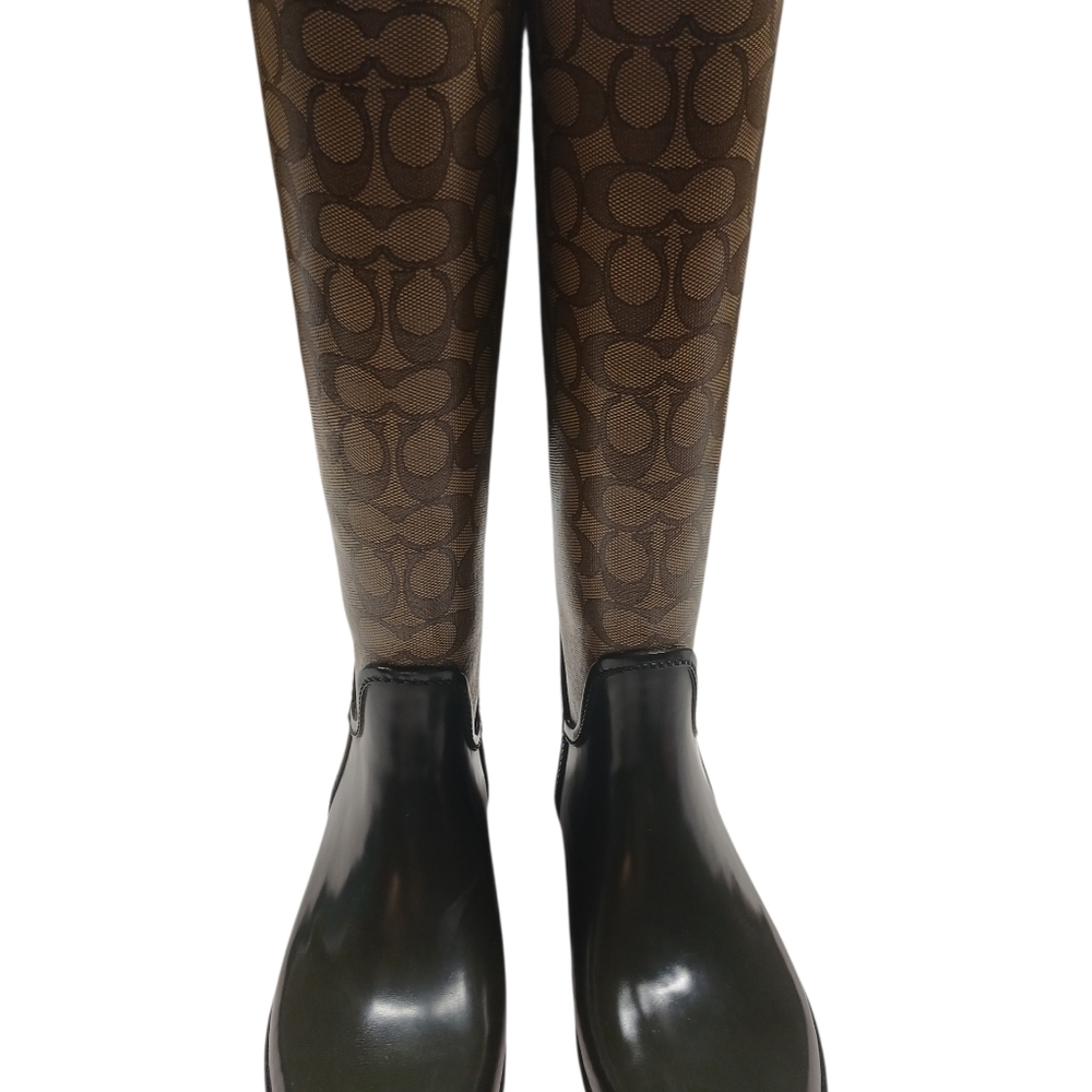 Coach Tristee Signature Tall Rain Boots Lace Back Brown Black Women's Size 8B - Picture 6 of 12